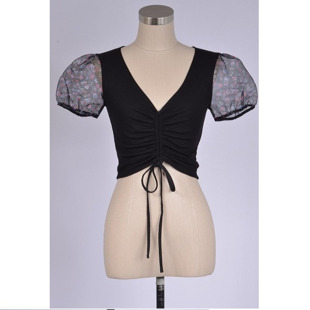 FLORAL ORGANZA SLEEVE FRONT CINCH TOP